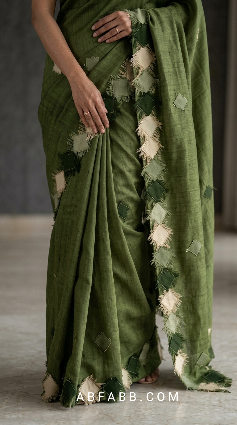 Olive Green Pure Tussar Silk Saree with Diamond Patch Applique Work