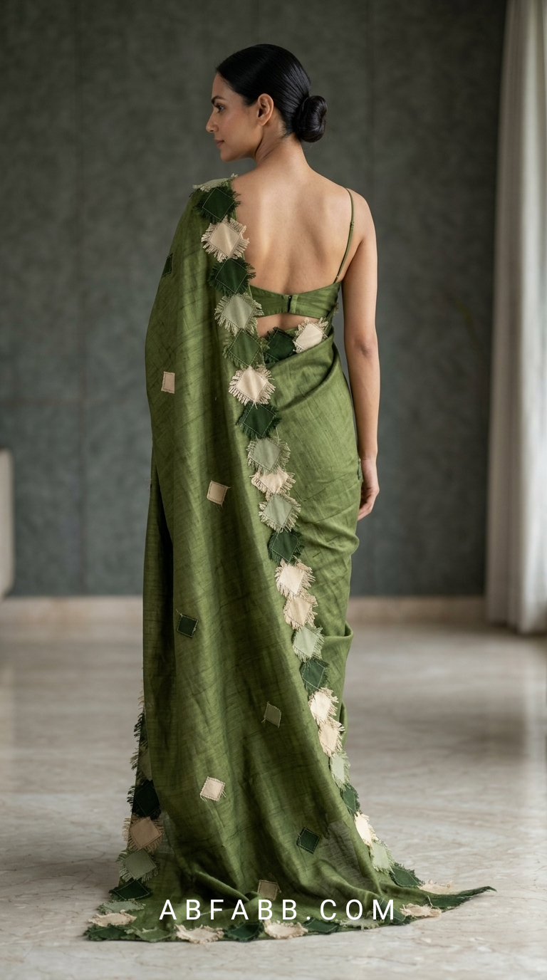 Olive Green Pure Tussar Silk Saree with Diamond Patch Applique Work