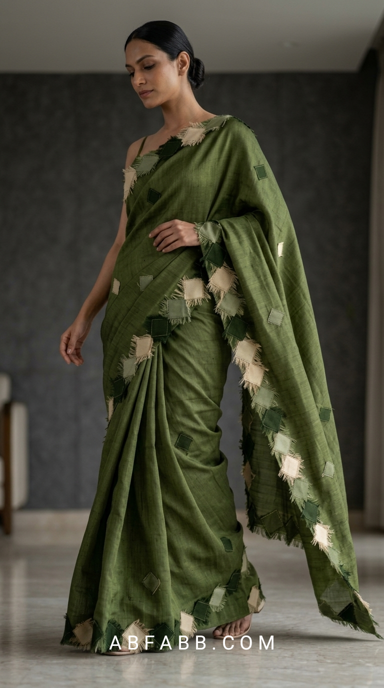 Olive Green Pure Tussar Silk Saree with Diamond Patch Applique Work