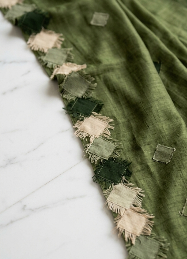 Olive Green Pure Tussar Silk Saree with Diamond Patch Applique Work