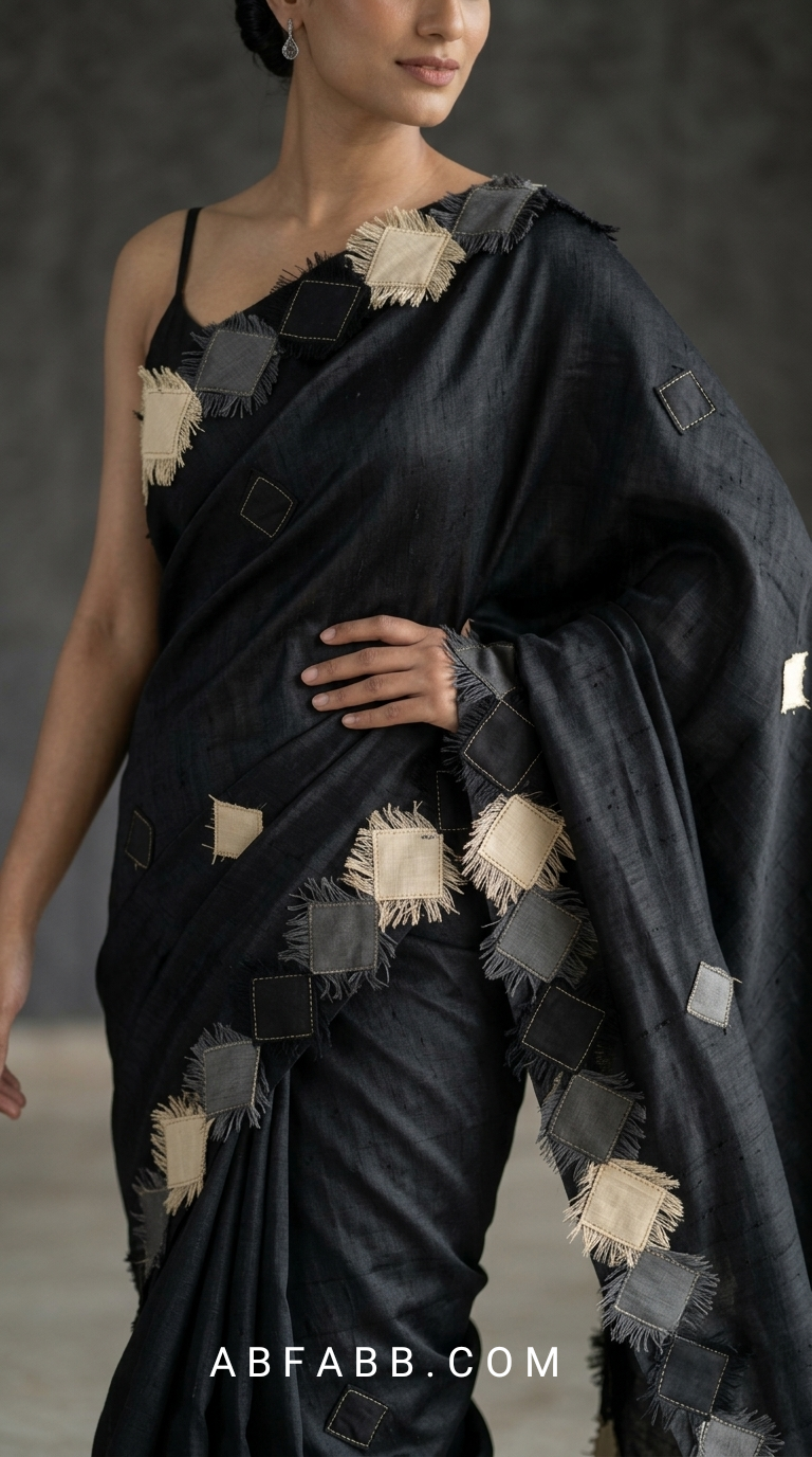 Black Pure Tussar Silk Saree with Diamond Patch Applique Work