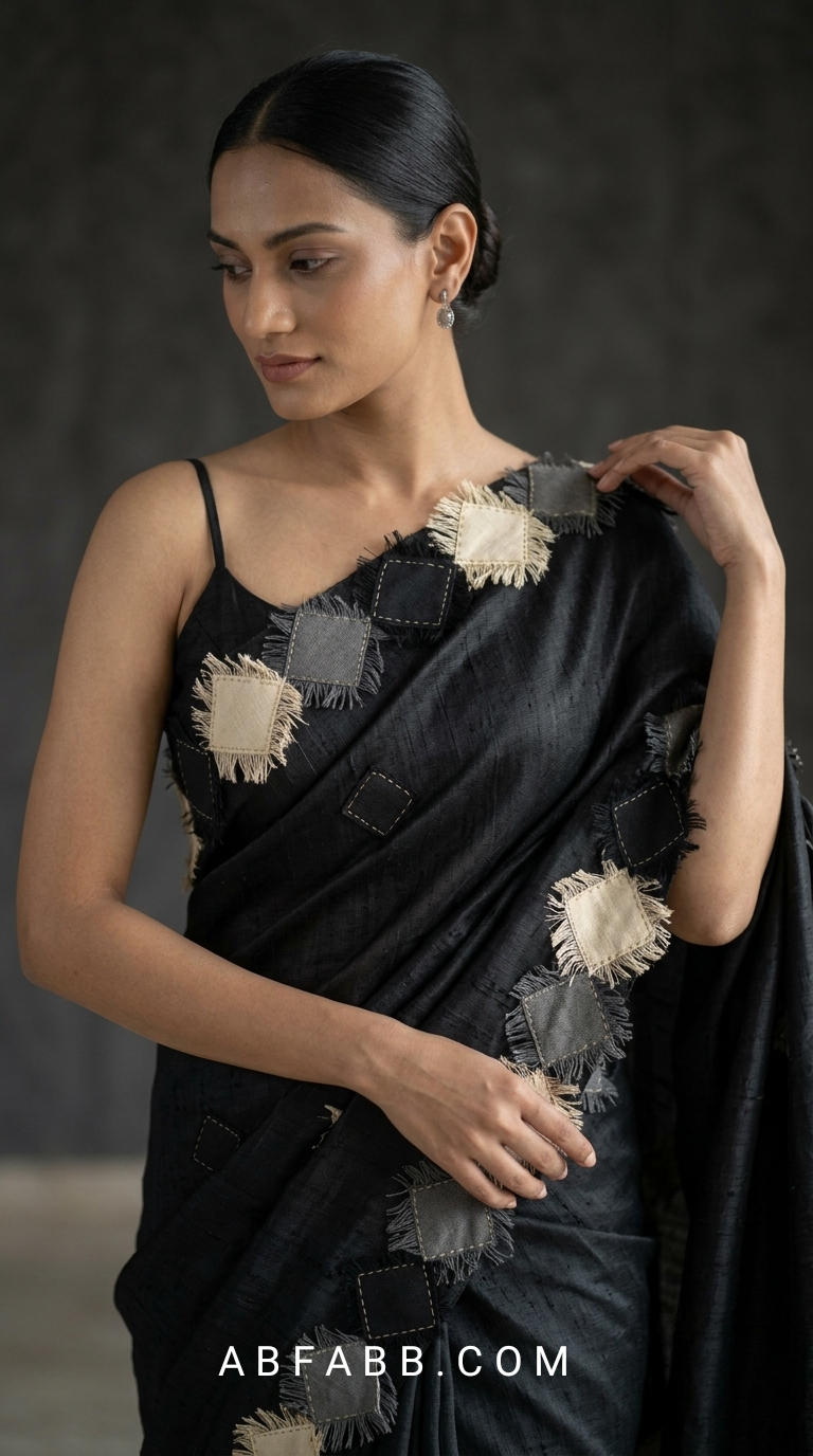 Black Pure Tussar Silk Saree with Diamond Patch Applique Work