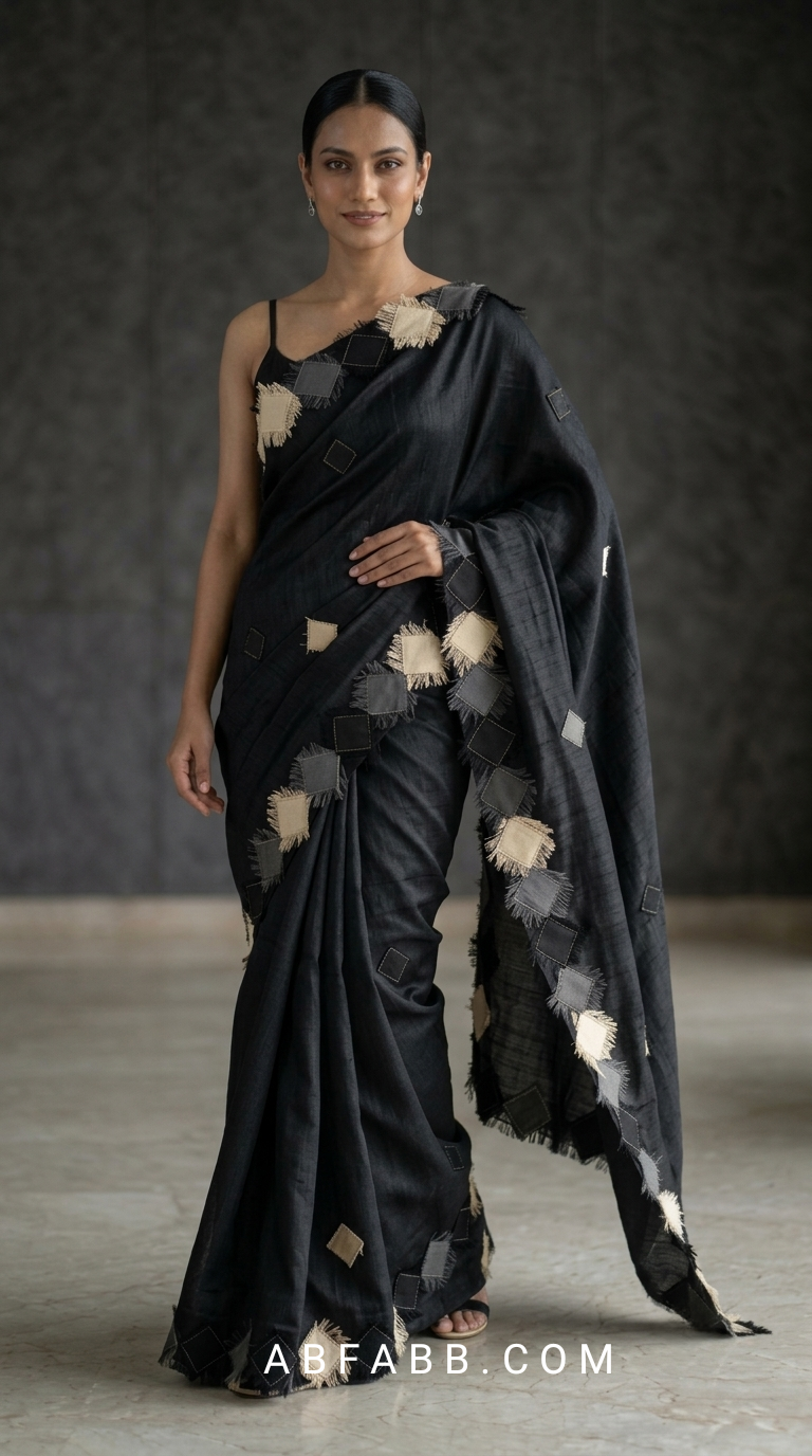 Black Pure Tussar Silk Saree with Diamond Patch Applique Work