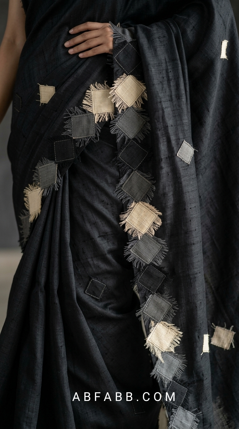 Black Pure Tussar Silk Saree with Diamond Patch Applique Work