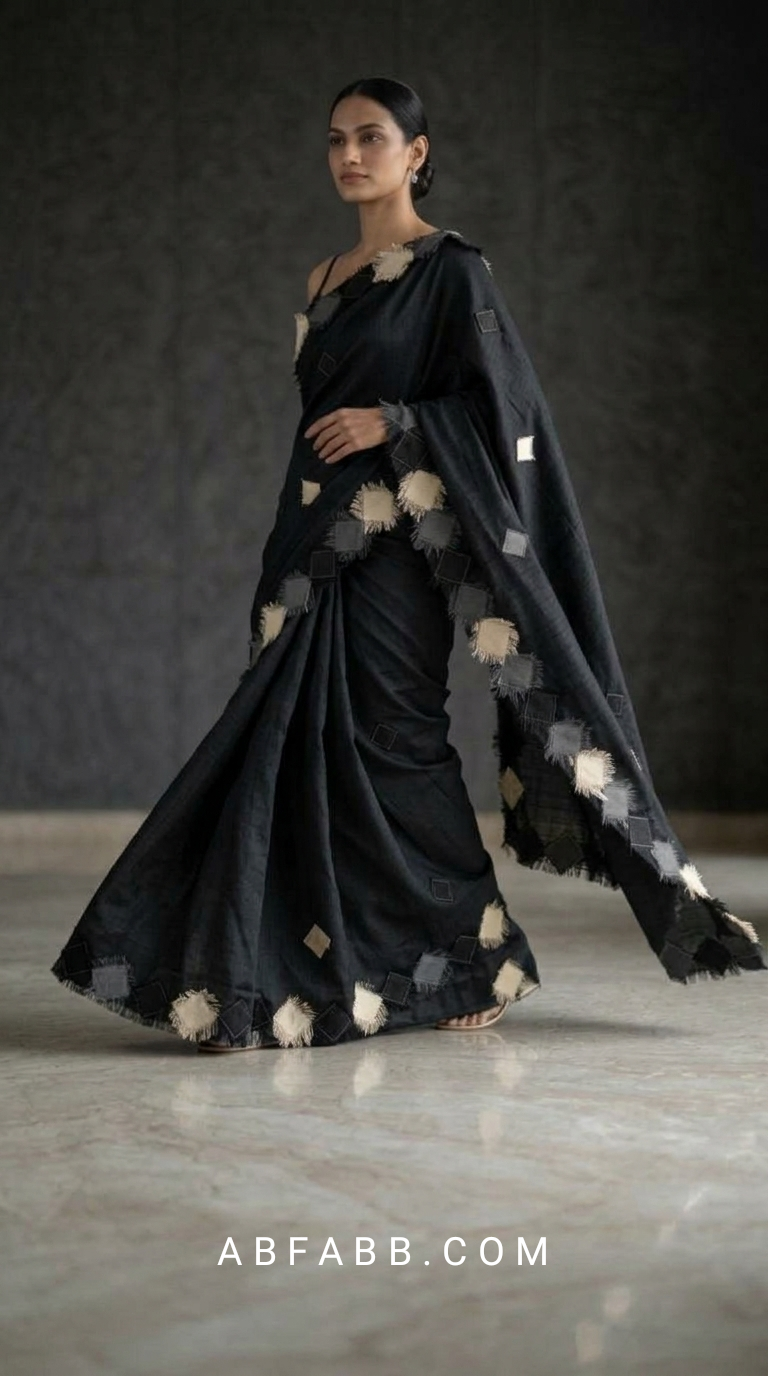 Black Pure Tussar Silk Saree with Diamond Patch Applique Work