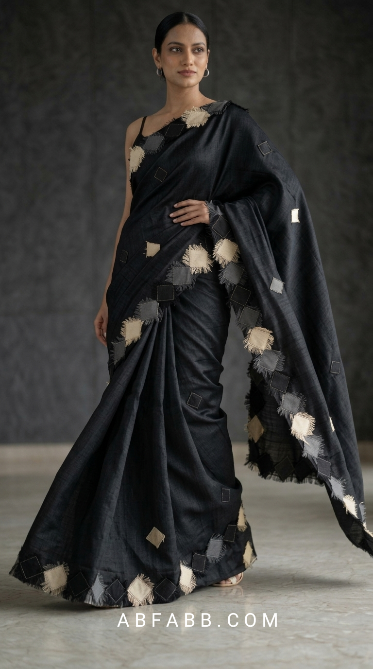 Black Pure Tussar Silk Saree with Diamond Patch Applique Work