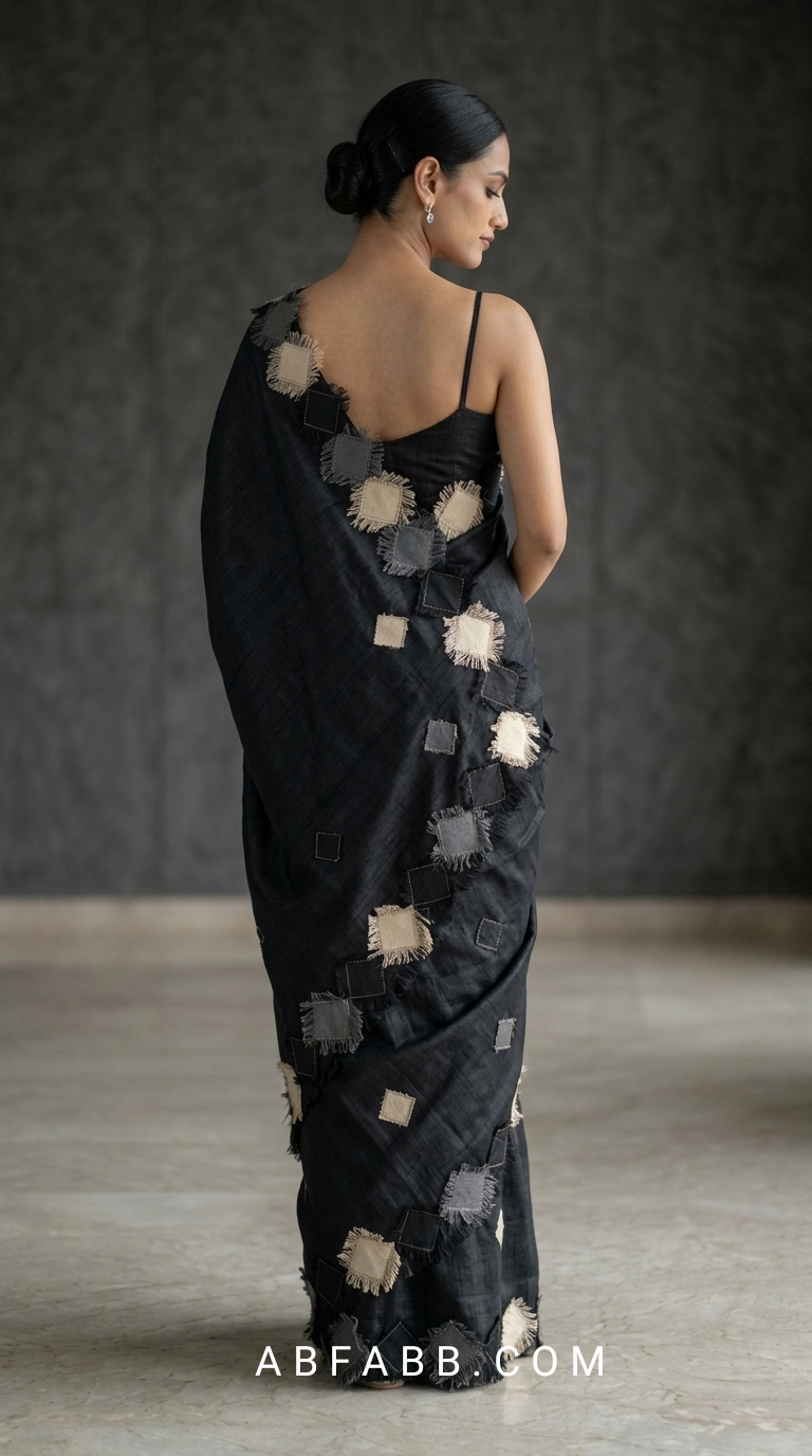 Black Pure Tussar Silk Saree with Diamond Patch Applique Work