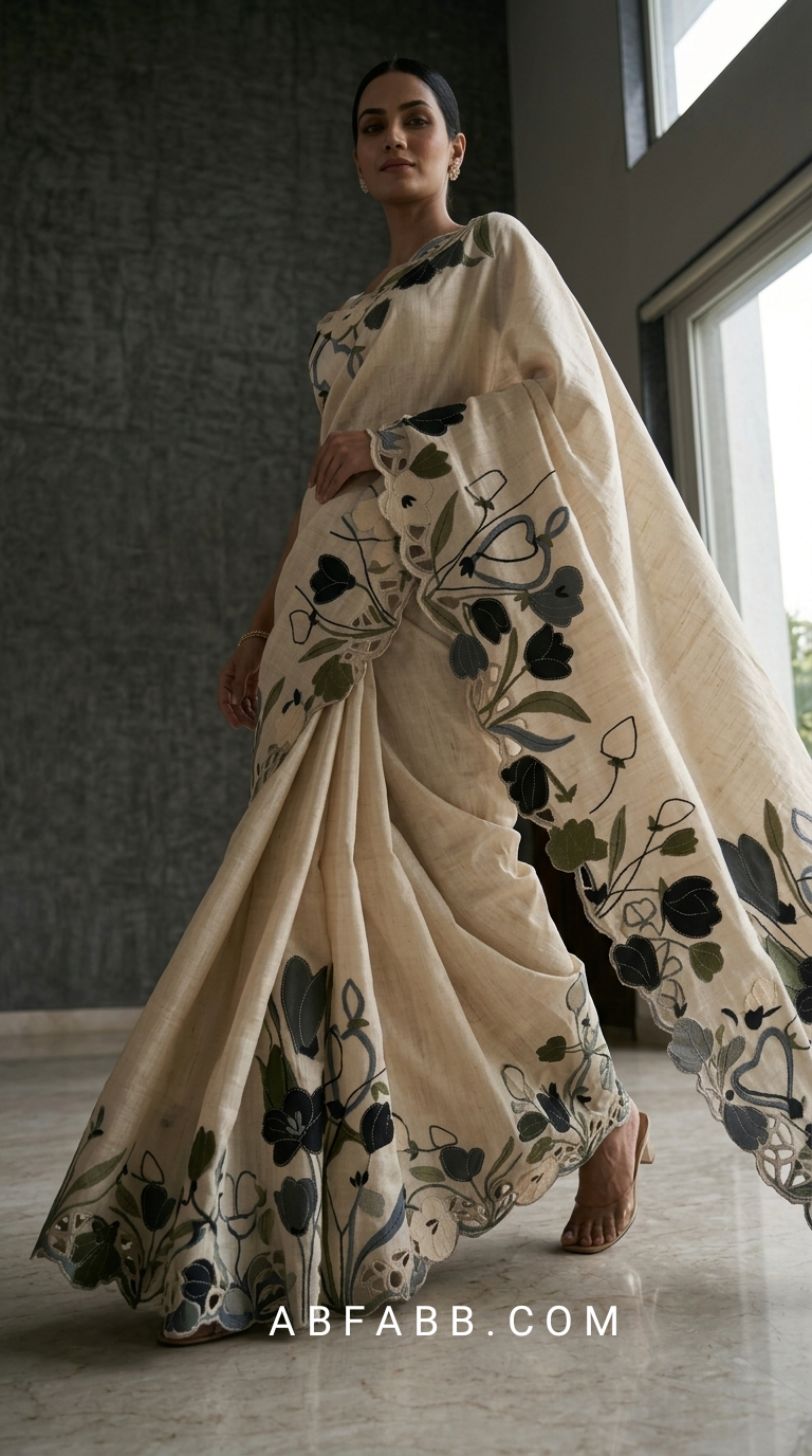 Off-White Pure Tussar Silk Saree with Multicolor Floral Applique Work And Cutwork