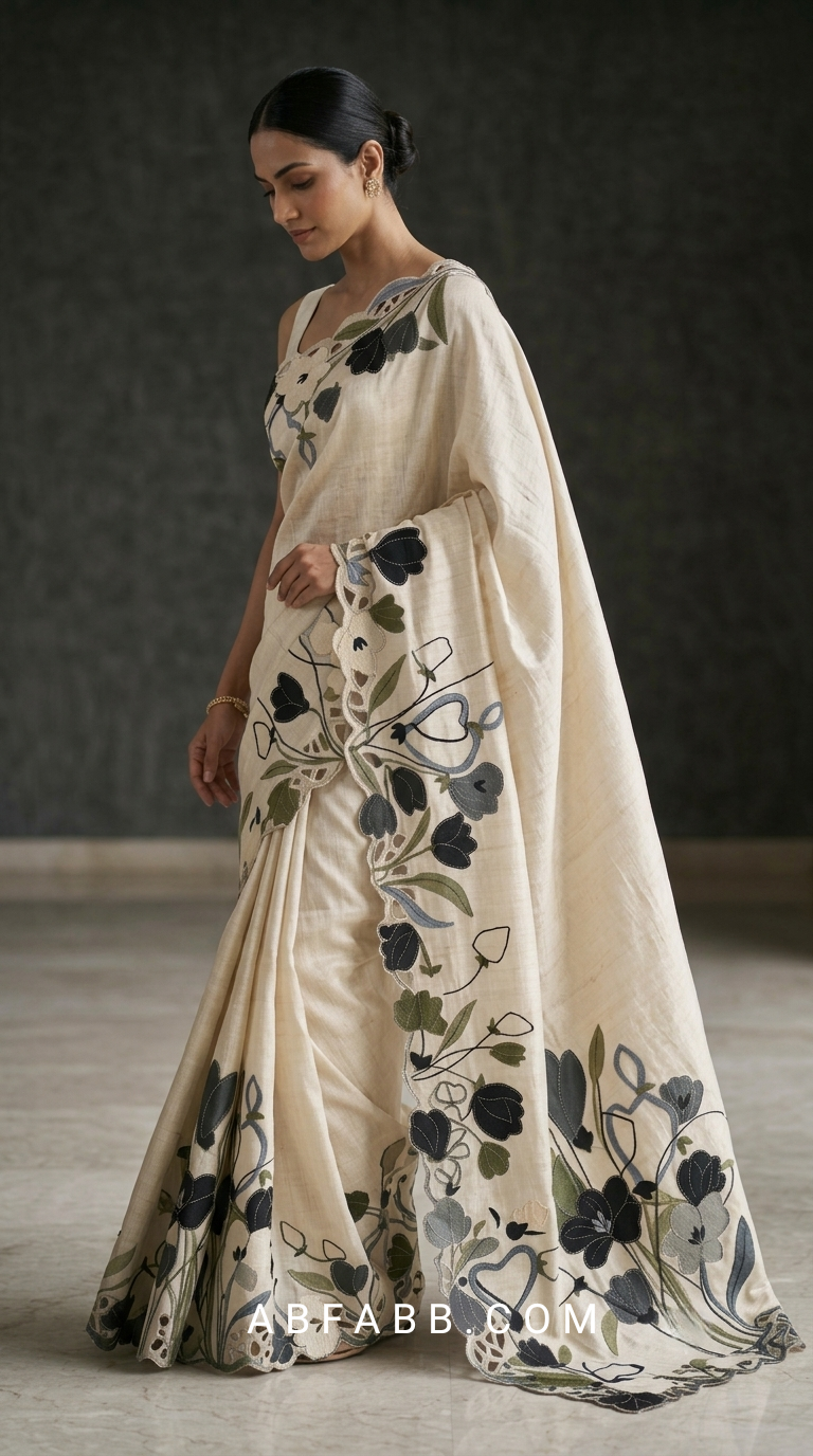 Off-White Pure Tussar Silk Saree with Multicolor Floral Applique Work And Cutwork