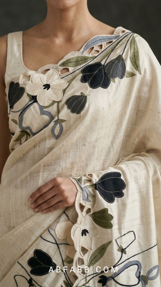 Off-White Pure Tussar Silk Saree with Multicolor Floral Applique Work And Cutwork