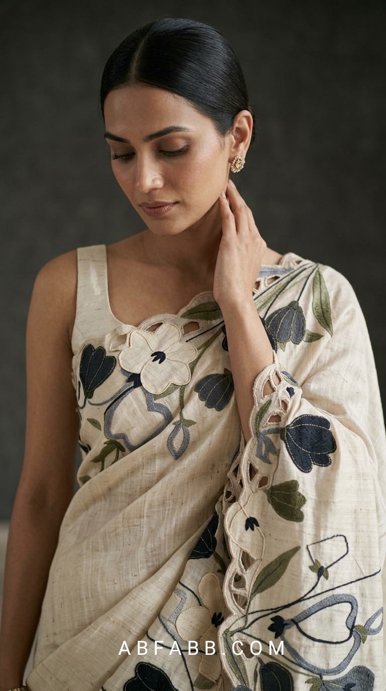 Off-White Pure Tussar Silk Saree with Multicolor Floral Applique Work And Cutwork