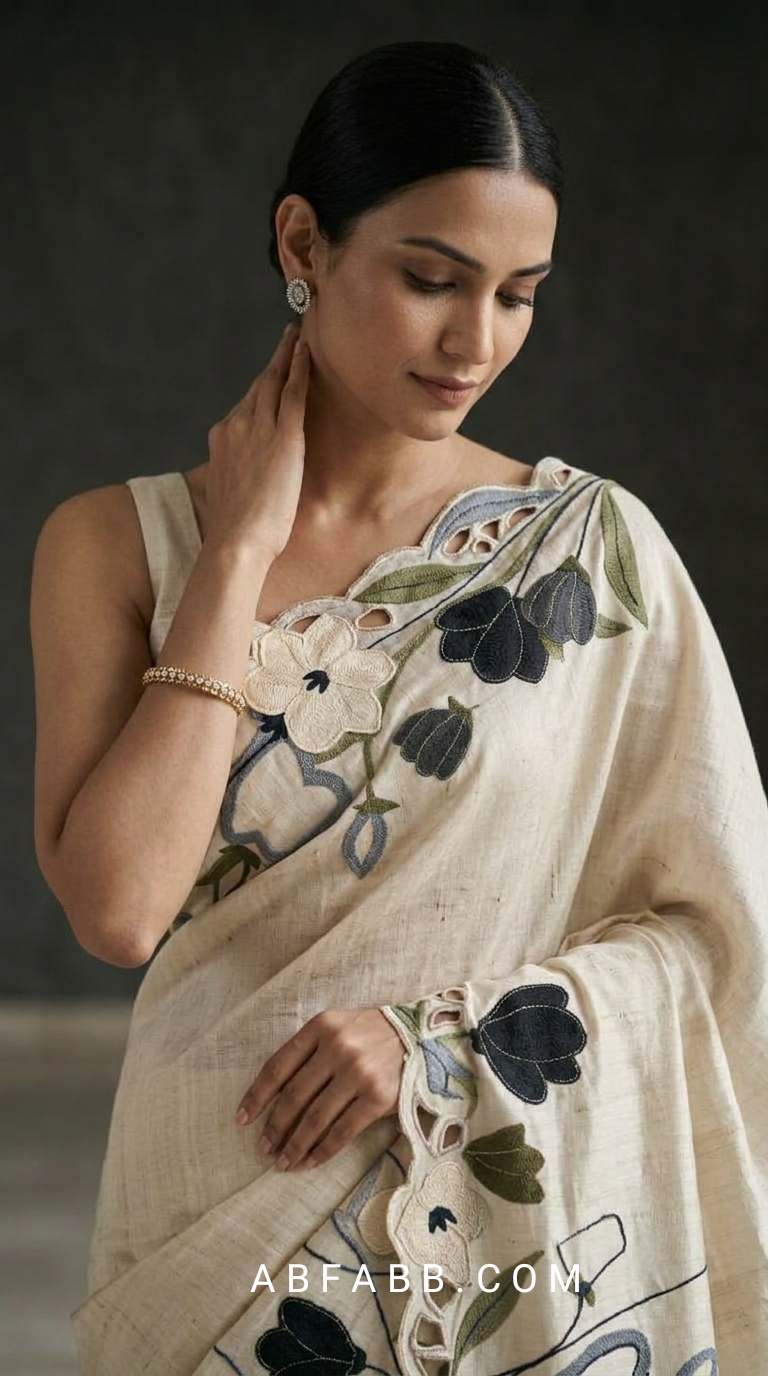 Off-White Pure Tussar Silk Saree with Multicolor Floral Applique Work And Cutwork