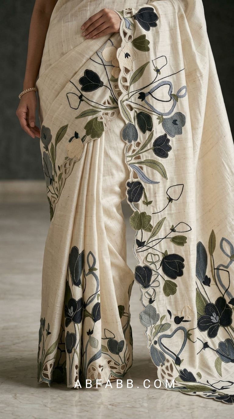 Off-White Pure Tussar Silk Saree with Multicolor Floral Applique Work And Cutwork