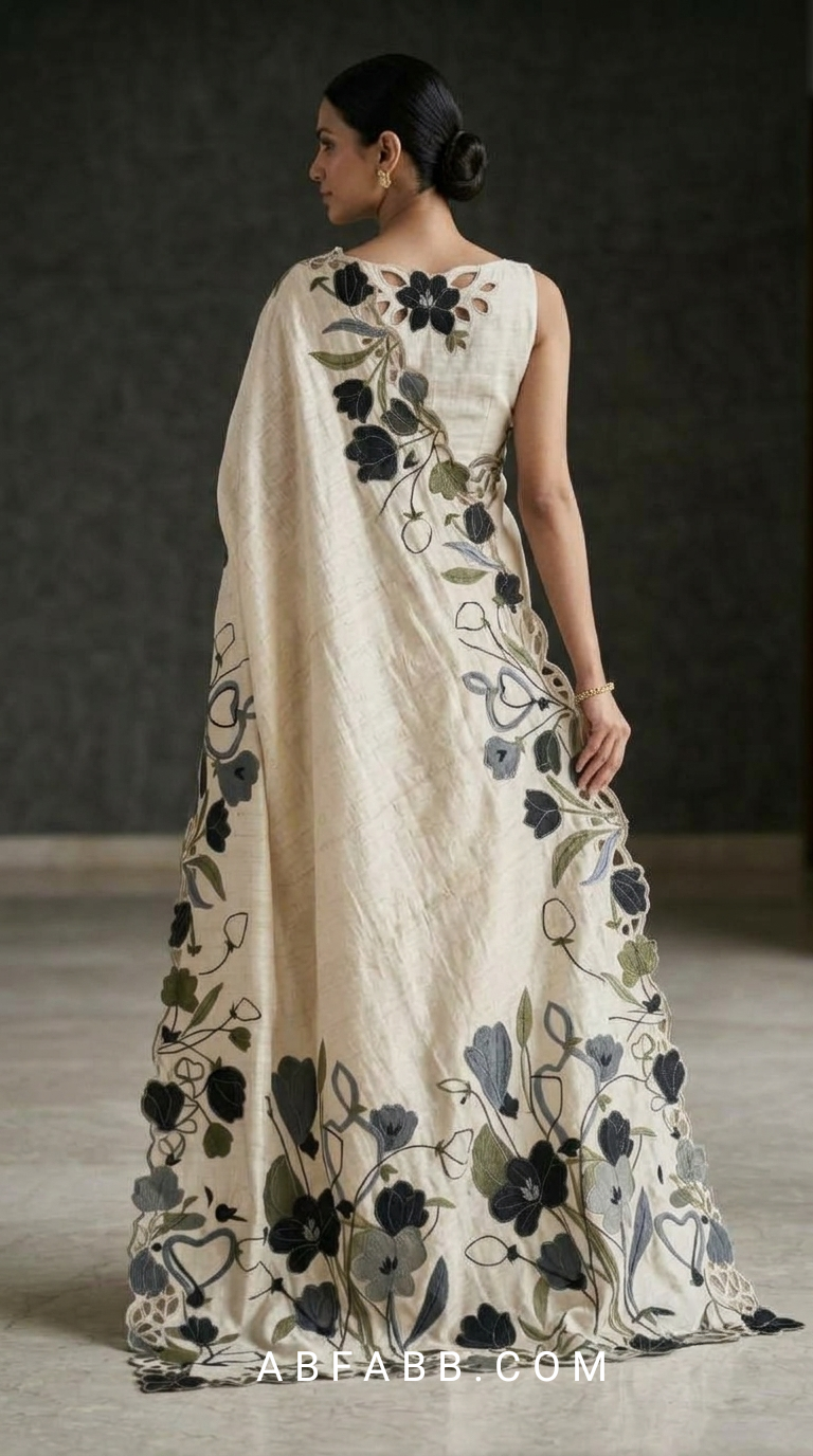 Off-White Pure Tussar Silk Saree with Multicolor Floral Applique Work And Cutwork