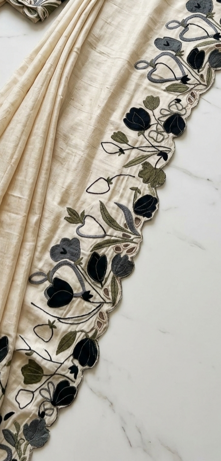 Off-White Pure Tussar Silk Saree with Multicolor Floral Applique Work And Cutwork