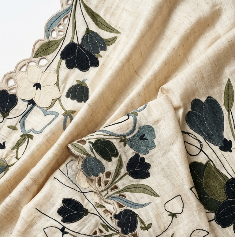 Off-White Pure Tussar Silk Saree with Multicolor Floral Applique Work And Cutwork