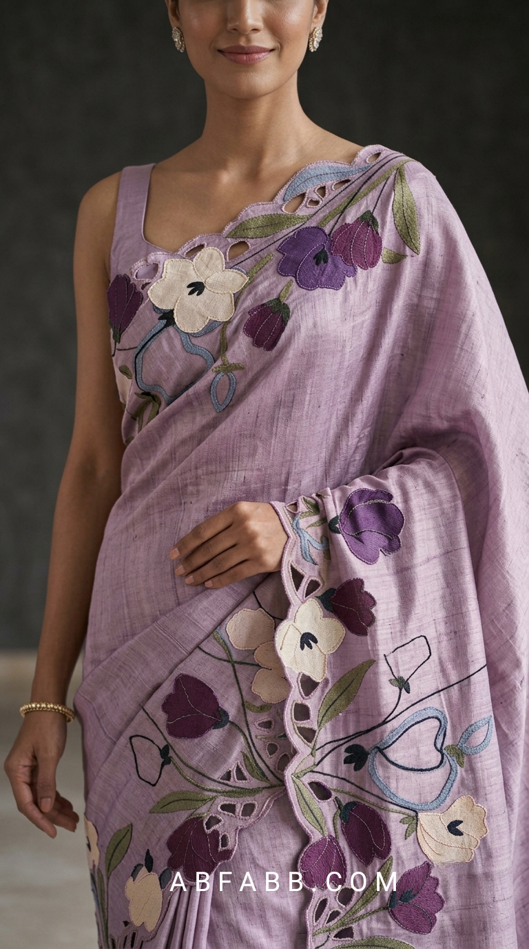 Lavender Pure Tussar Silk Saree with Multicolor Floral Applique Work And Cutwork