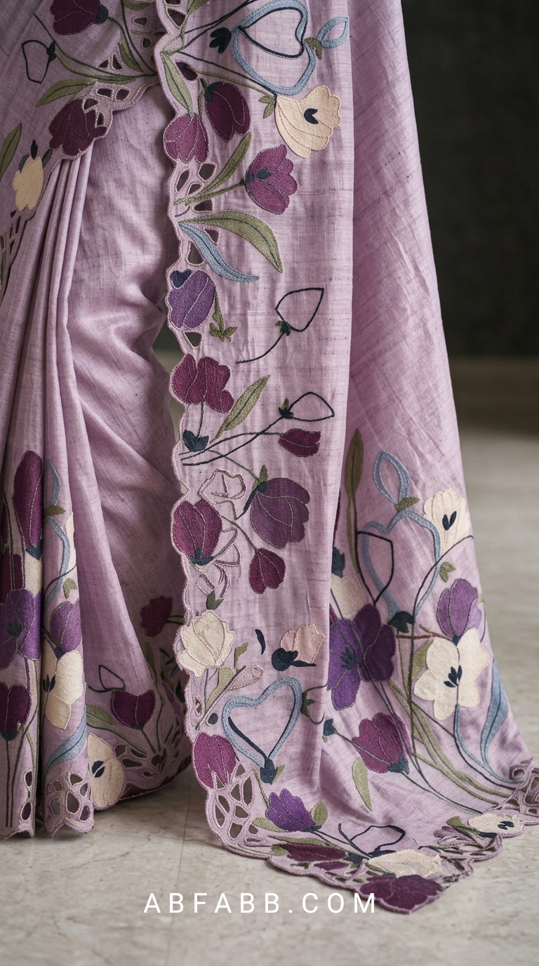 Lavender Pure Tussar Silk Saree with Multicolor Floral Applique Work And Cutwork