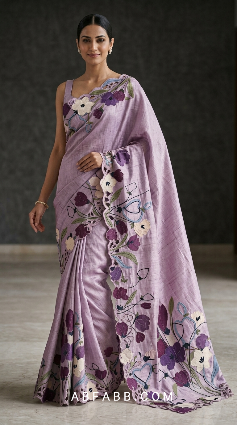 Lavender Pure Tussar Silk Saree with Multicolor Floral Applique Work And Cutwork
