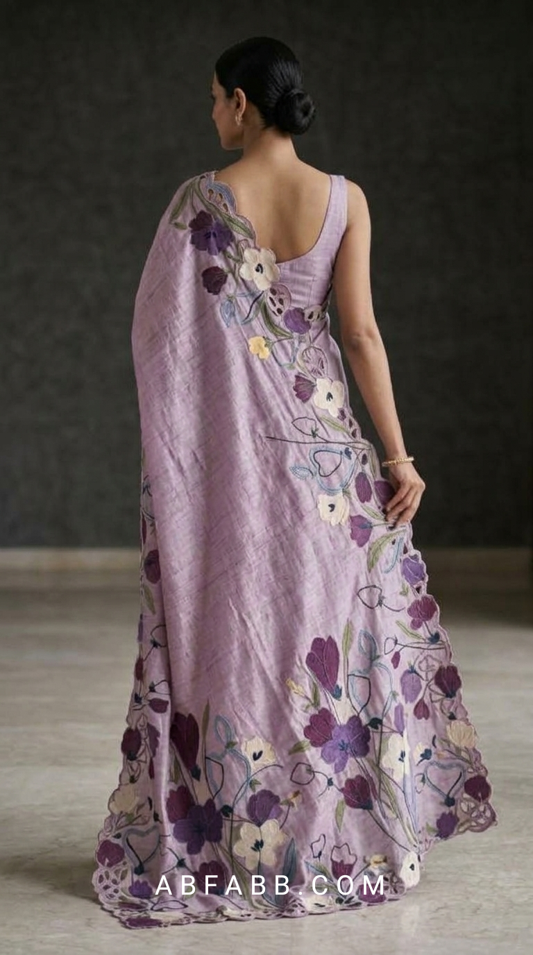 Lavender Pure Tussar Silk Saree with Multicolor Floral Applique Work And Cutwork