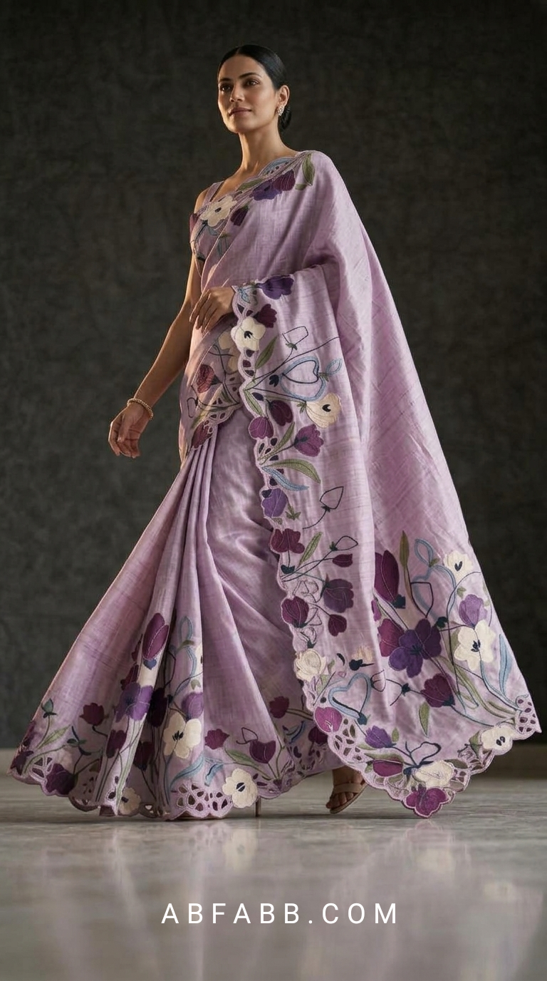Lavender Pure Tussar Silk Saree with Multicolor Floral Applique Work And Cutwork