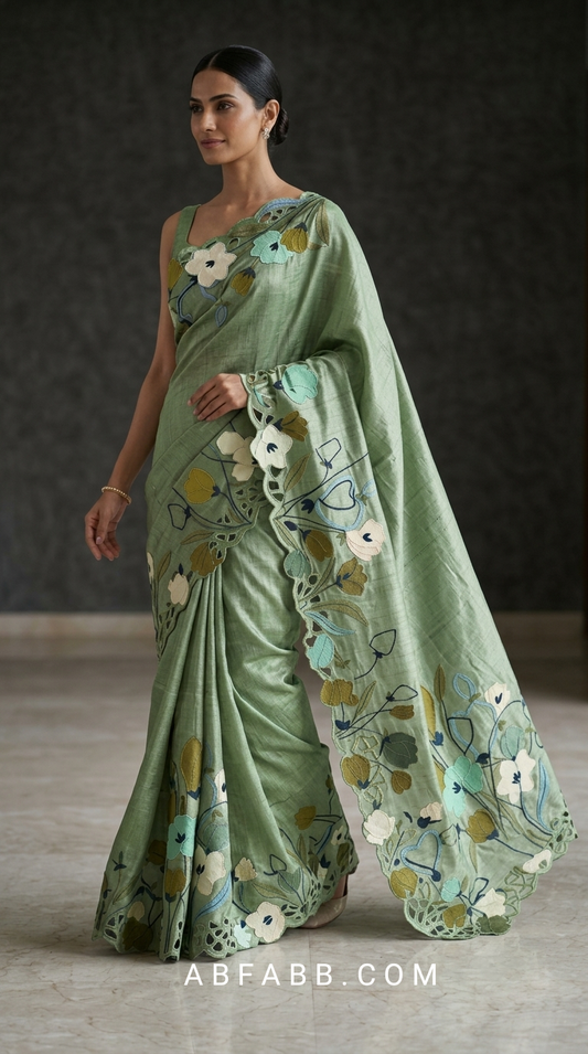 Sage Green Pure Tussar Silk Saree with Multicolor Floral Applique Work And Cutwork