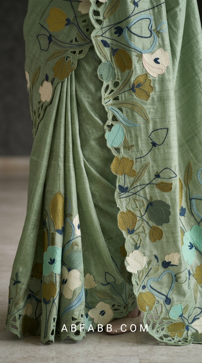 Sage Green Pure Tussar Silk Saree with Multicolor Floral Applique Work And Cutwork
