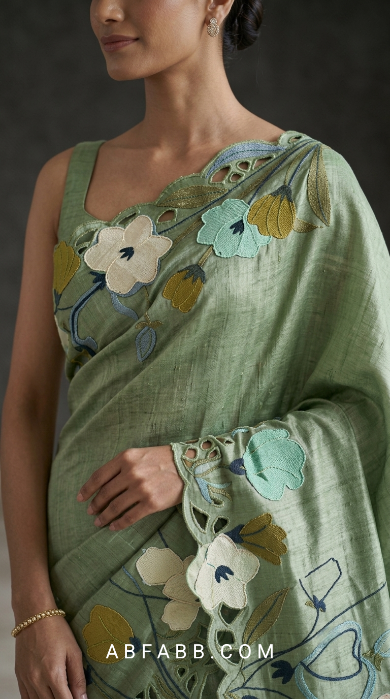Sage Green Pure Tussar Silk Saree with Multicolor Floral Applique Work And Cutwork