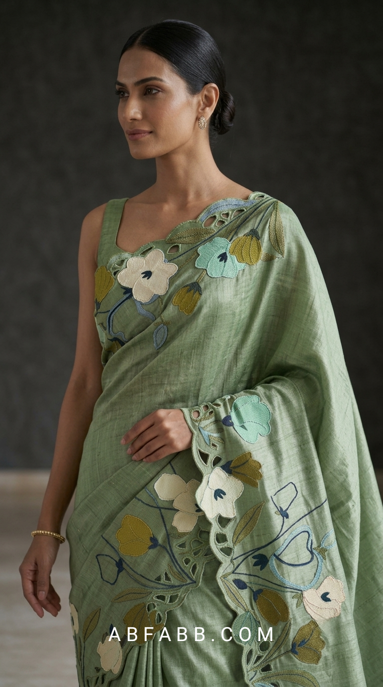 Sage Green Pure Tussar Silk Saree with Multicolor Floral Applique Work And Cutwork