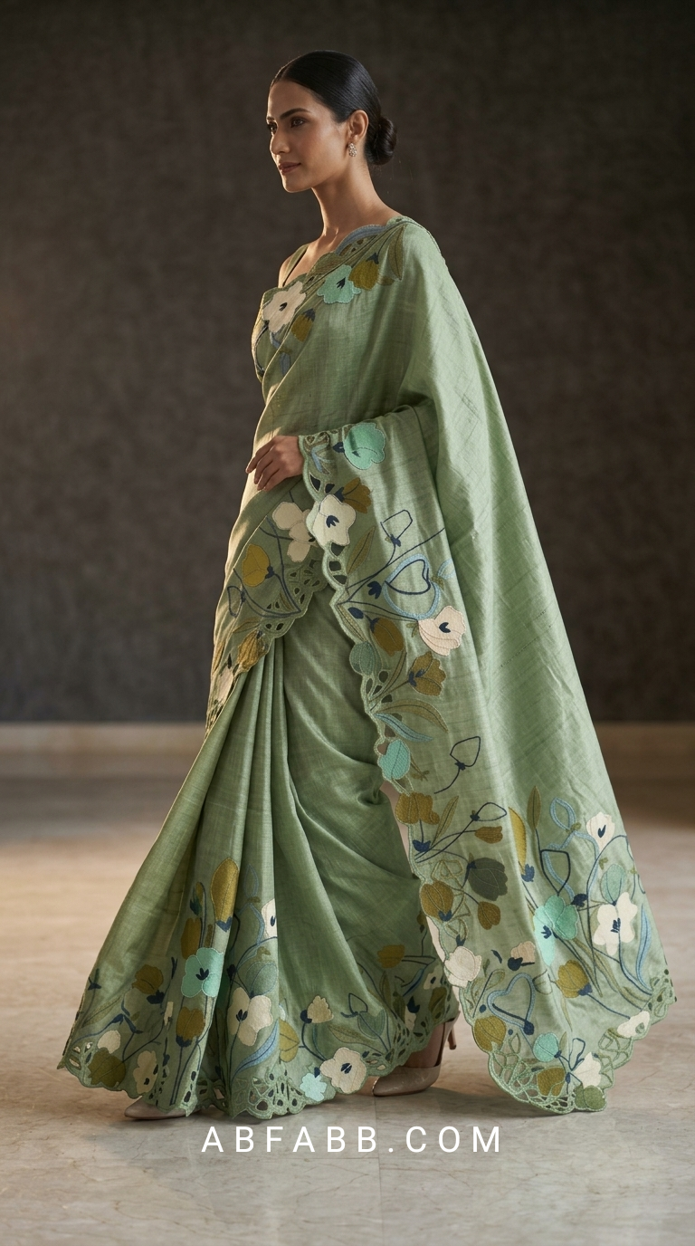 Sage Green Pure Tussar Silk Saree with Multicolor Floral Applique Work And Cutwork