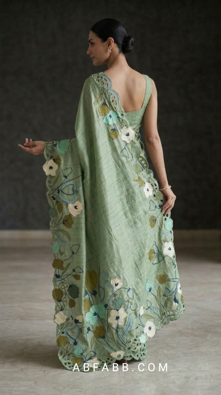 Sage Green Pure Tussar Silk Saree with Multicolor Floral Applique Work And Cutwork