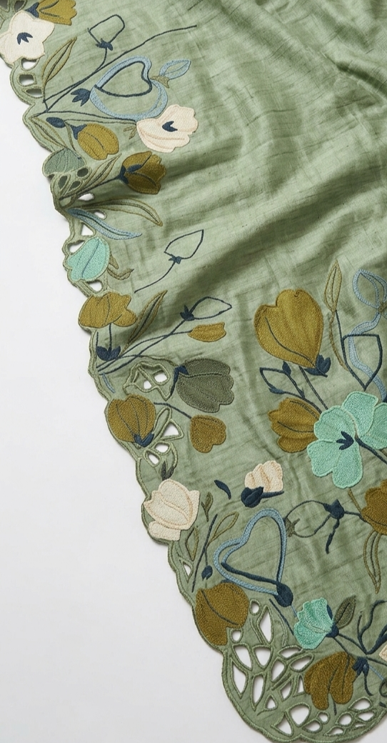 Sage Green Pure Tussar Silk Saree with Multicolor Floral Applique Work And Cutwork