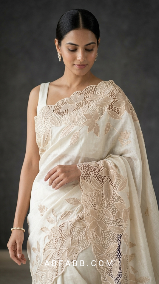 Off White Pure Tussar Silk Saree with champagne Applique Work & Cutwork