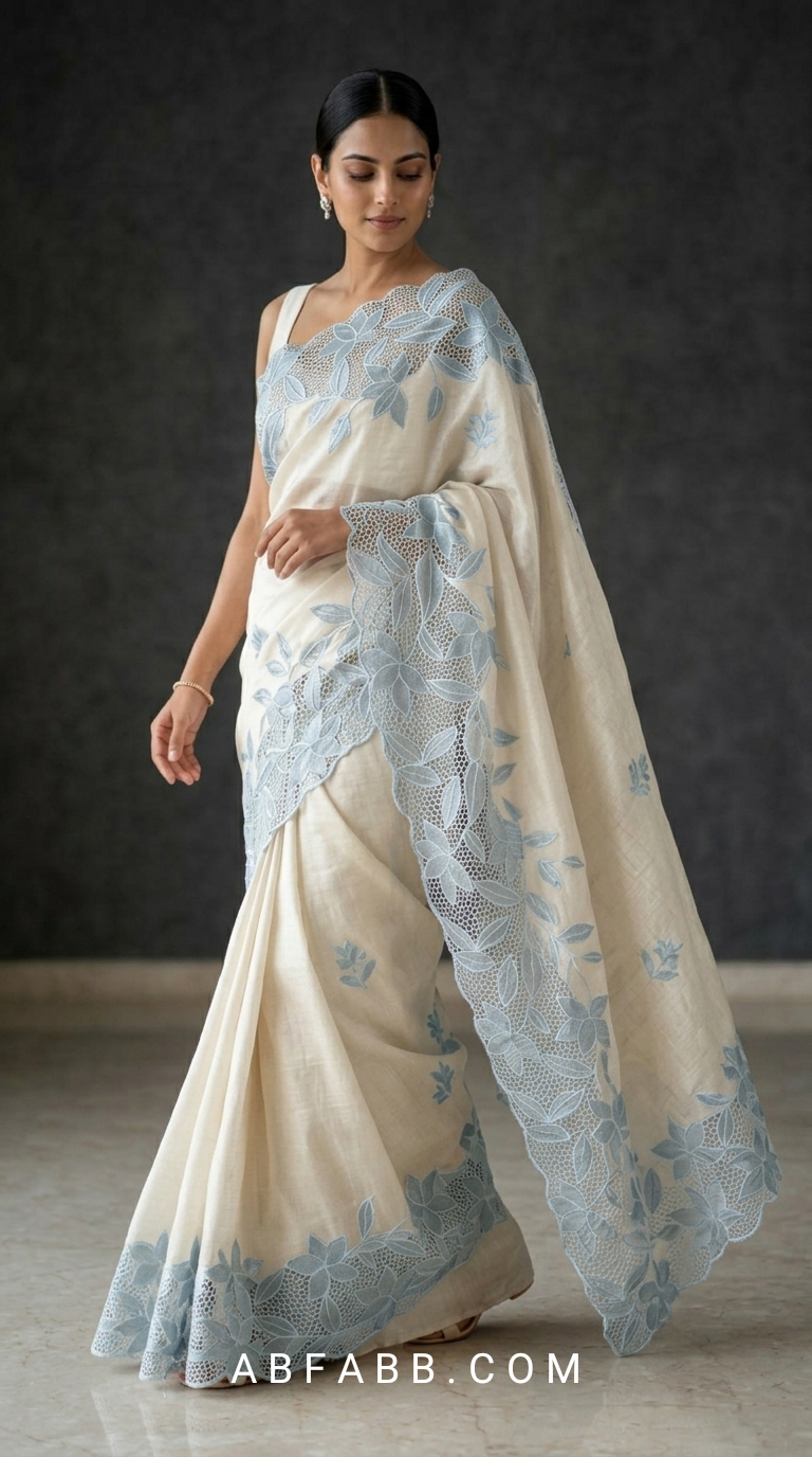 Off White Pure Tussar Silk Saree with Powder Blue Applique Work & Cutwork