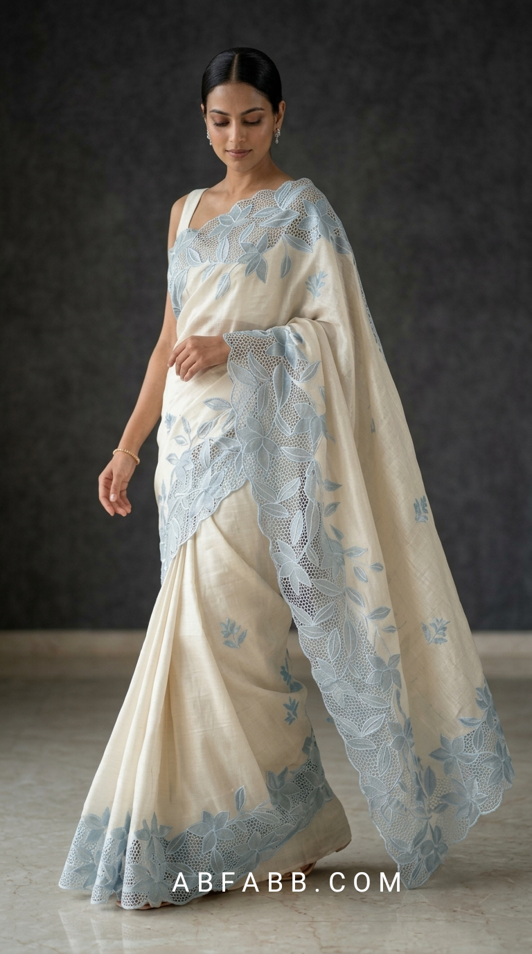 Off White Pure Tussar Silk Saree with Powder Blue Applique Work & Cutwork
