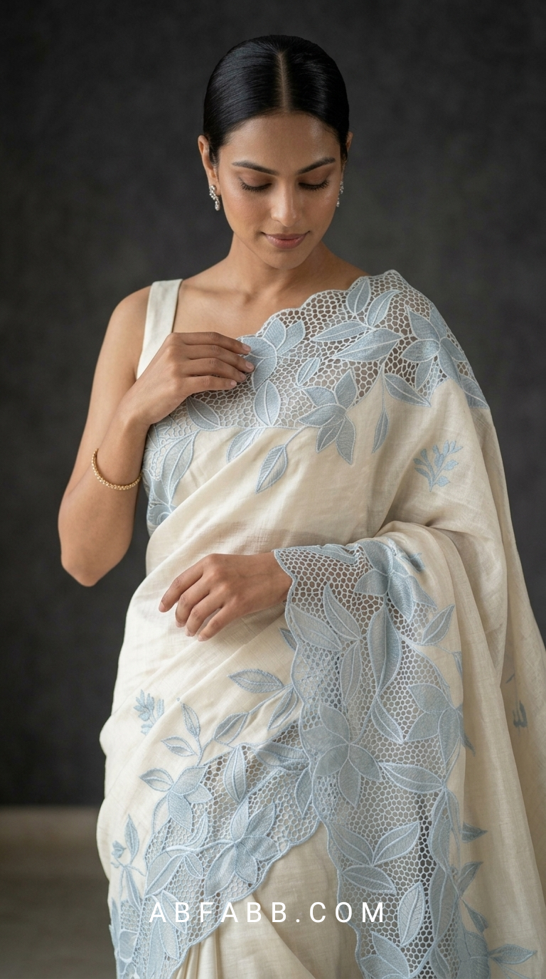 Off White Pure Tussar Silk Saree with Powder Blue Applique Work & Cutwork