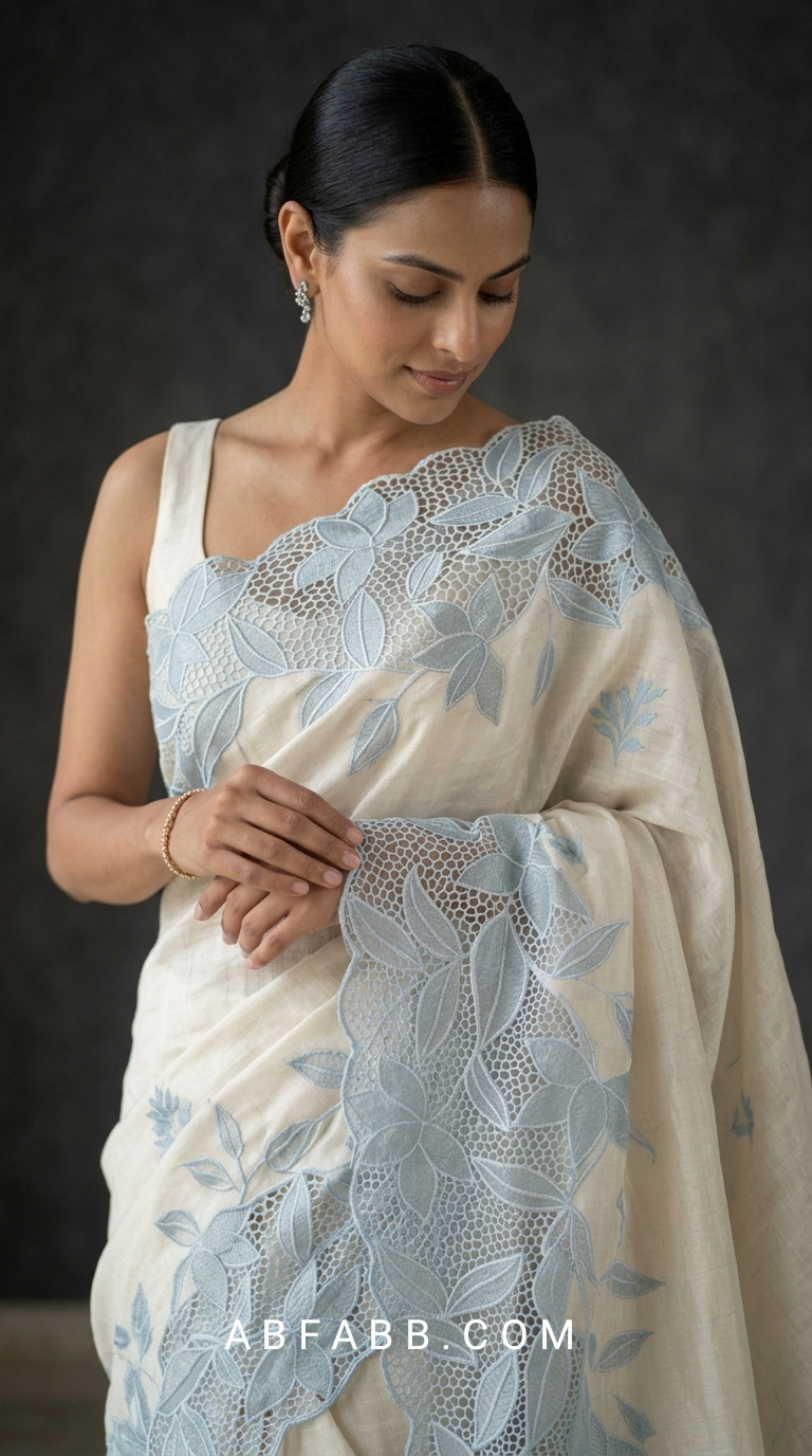 Off White Pure Tussar Silk Saree with Powder Blue Applique Work & Cutwork