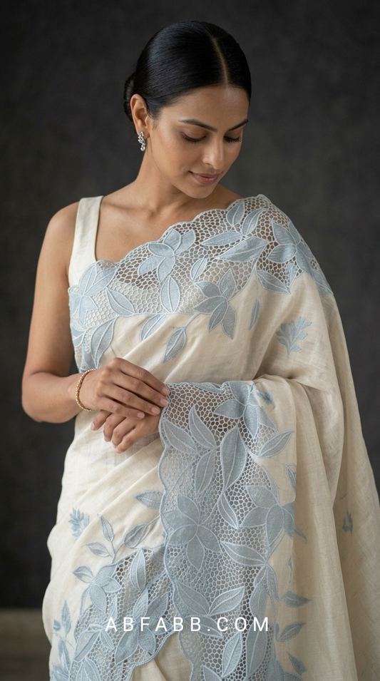 Off White Pure Tussar Silk Saree with Powder Blue Applique Work & Cutwork