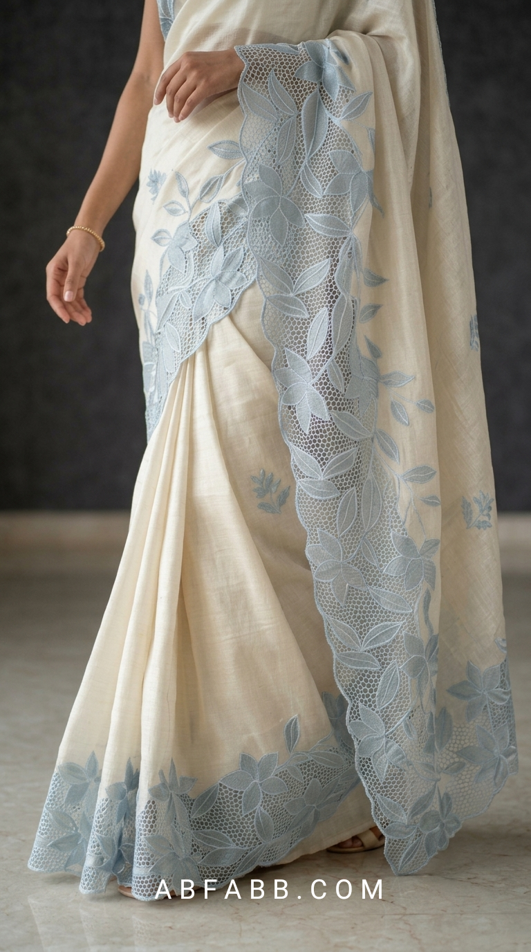 Off White Pure Tussar Silk Saree with Powder Blue Applique Work & Cutwork