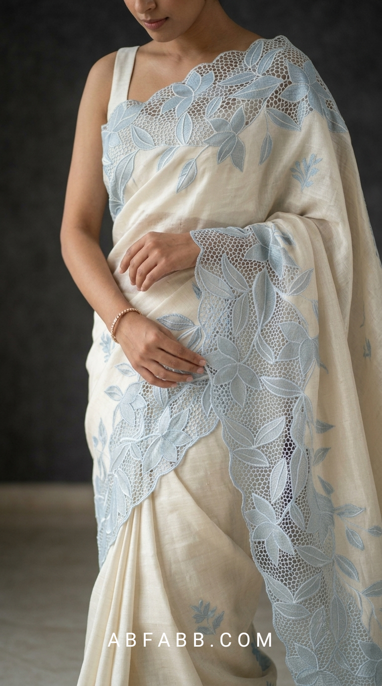 Off White Pure Tussar Silk Saree with Powder Blue Applique Work & Cutwork