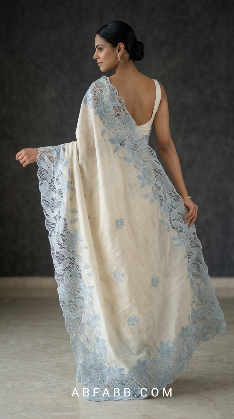 Off White Pure Tussar Silk Saree with Powder Blue Applique Work & Cutwork