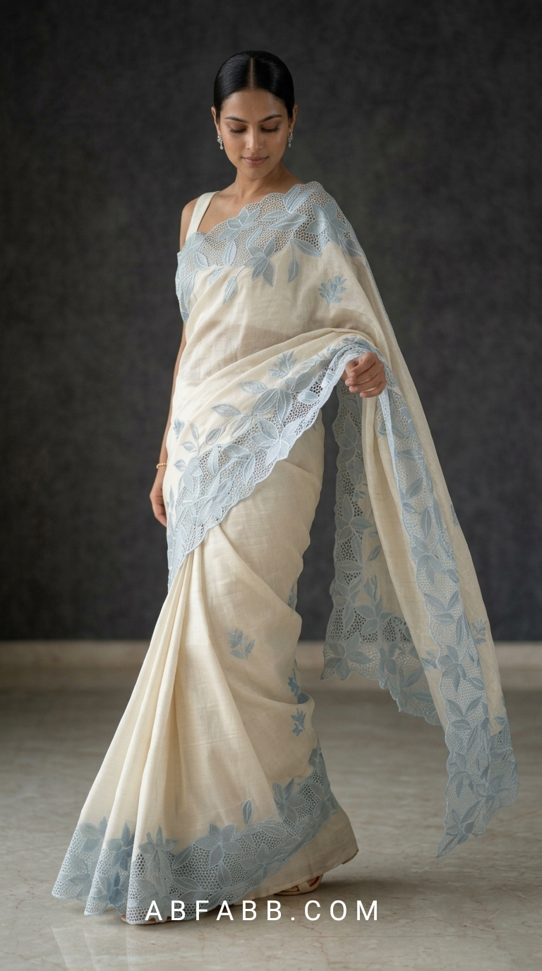 Off White Pure Tussar Silk Saree with Powder Blue Applique Work & Cutwork