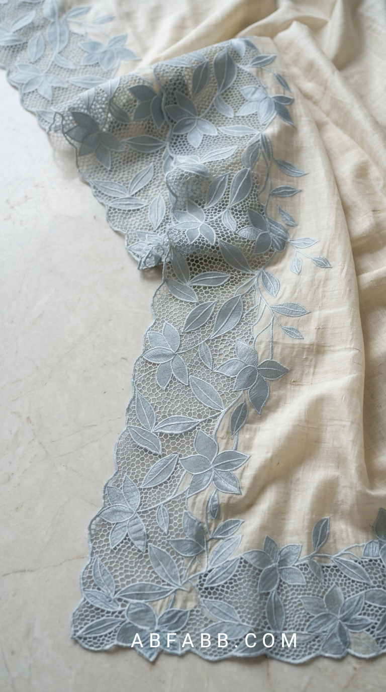 Off White Pure Tussar Silk Saree with Powder Blue Applique Work & Cutwork