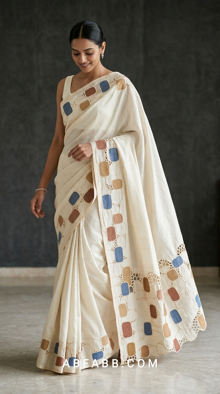 Pure Tussar Silk Saree with Multicolour Geometric Applique & Scalloped Cutwork