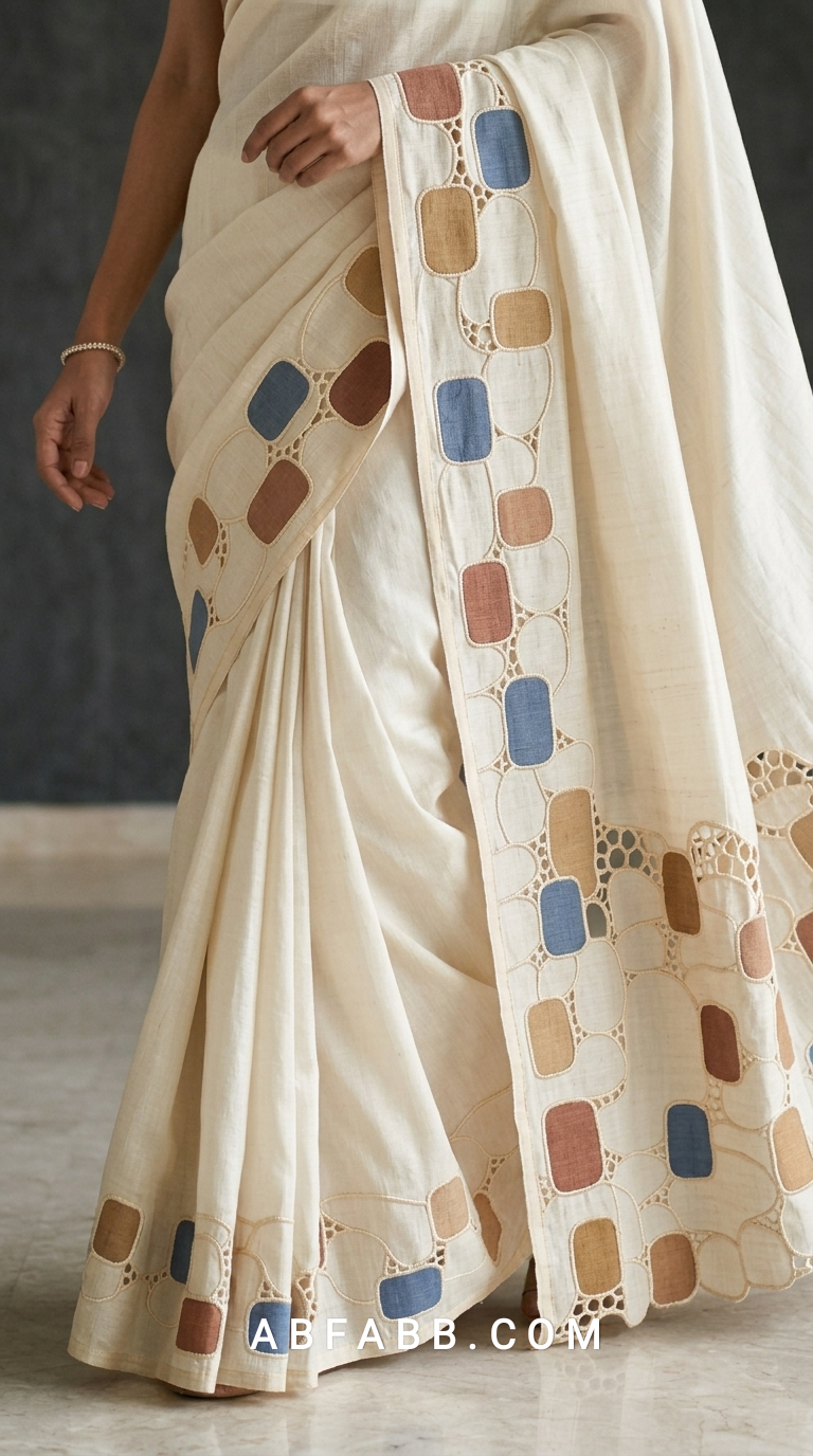 Pure Tussar Silk Saree with Multicolour Geometric Applique & Scalloped Cutwork