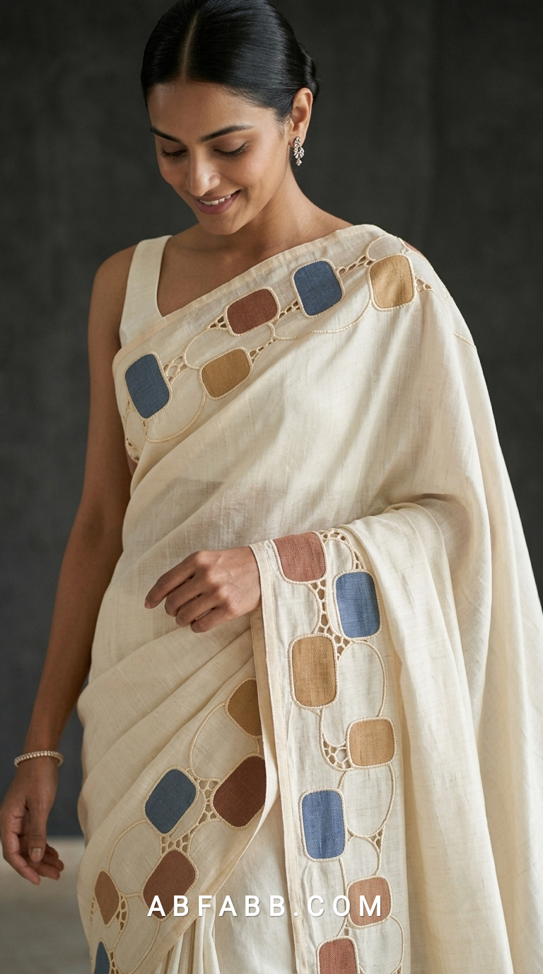 Pure Tussar Silk Saree with Multicolour Geometric Applique & Scalloped Cutwork