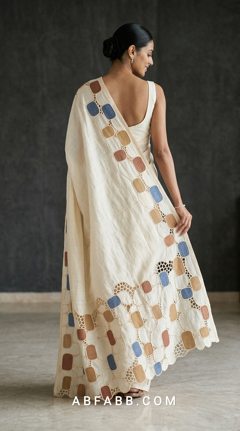 Pure Tussar Silk Saree with Multicolour Geometric Applique & Scalloped Cutwork
