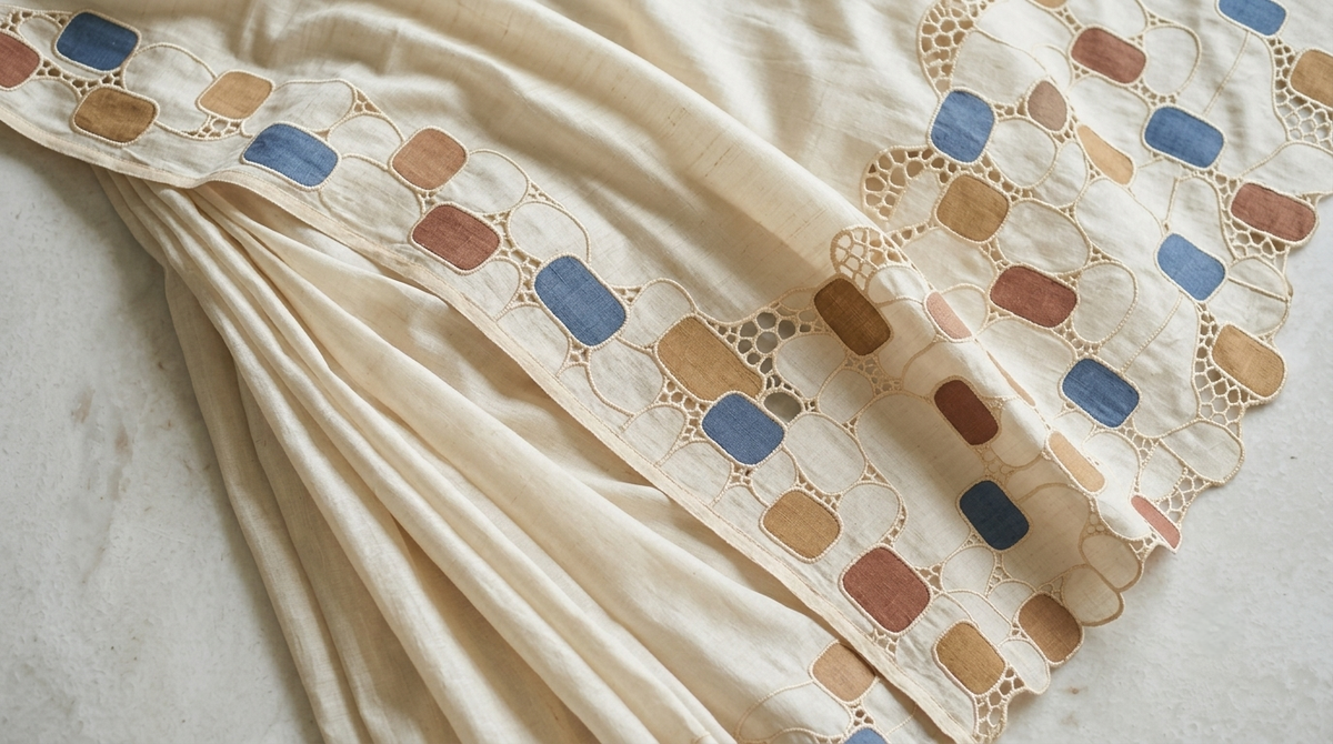 Pure Tussar Silk Saree with Multicolour Geometric Applique & Scalloped Cutwork
