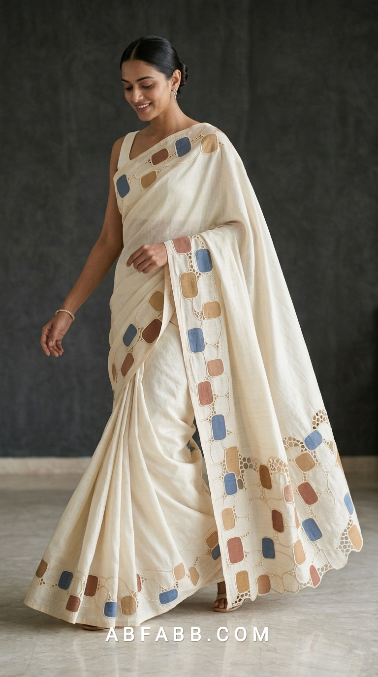 Pure Tussar Silk Saree with Multicolour Geometric Applique & Scalloped Cutwork