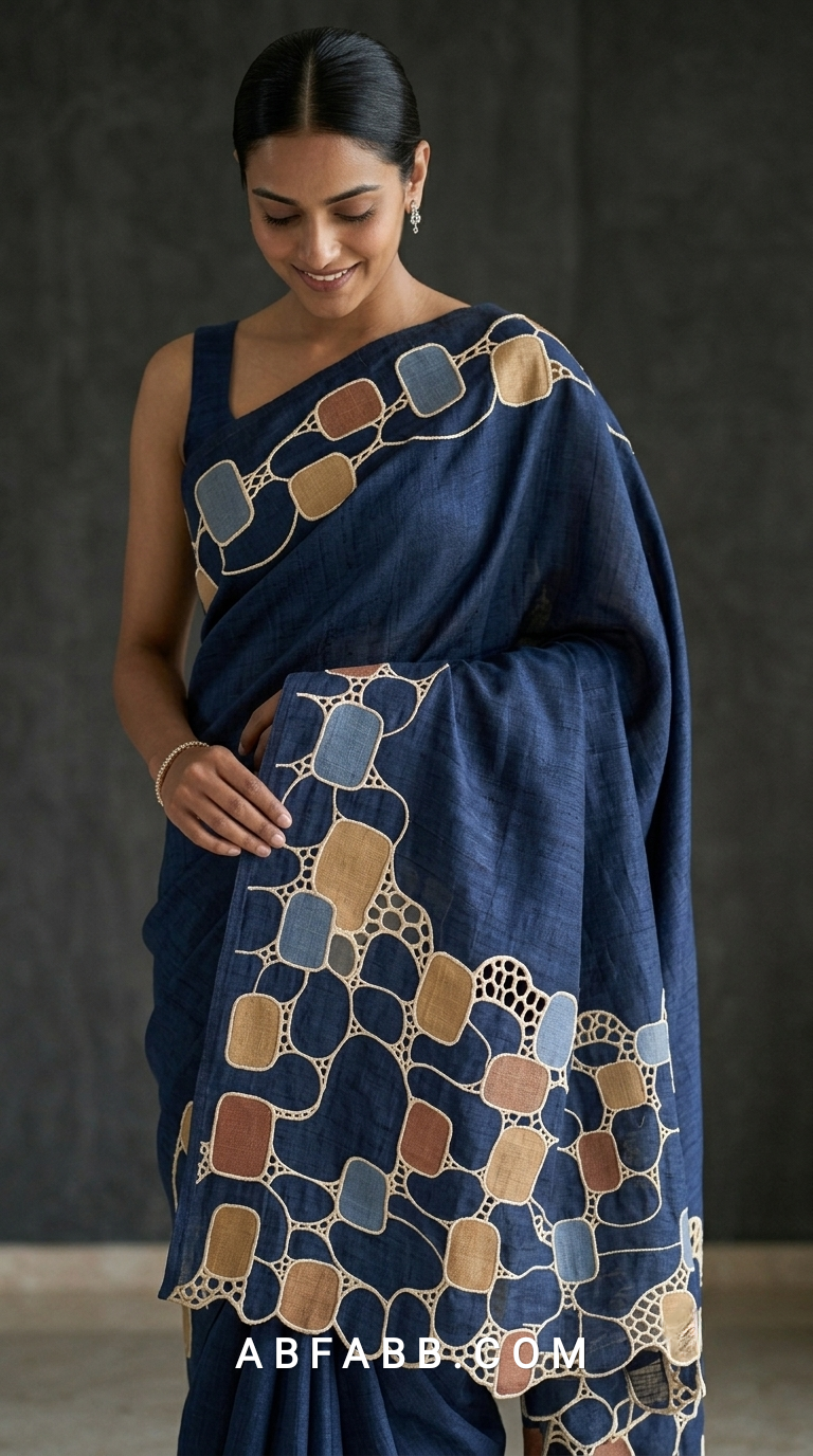 Pure Tussar Silk Saree in Rich Navy Blue with Multicolour Geometric Applique & Scalloped Cutwork